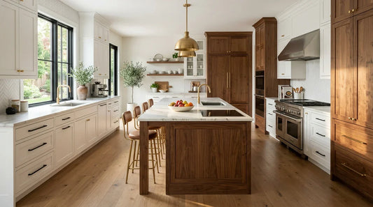 A stylish modern kitchen featuring a mix of matte black and brass door handles on white and wood cabinets, illustrating diverse hardware choices.