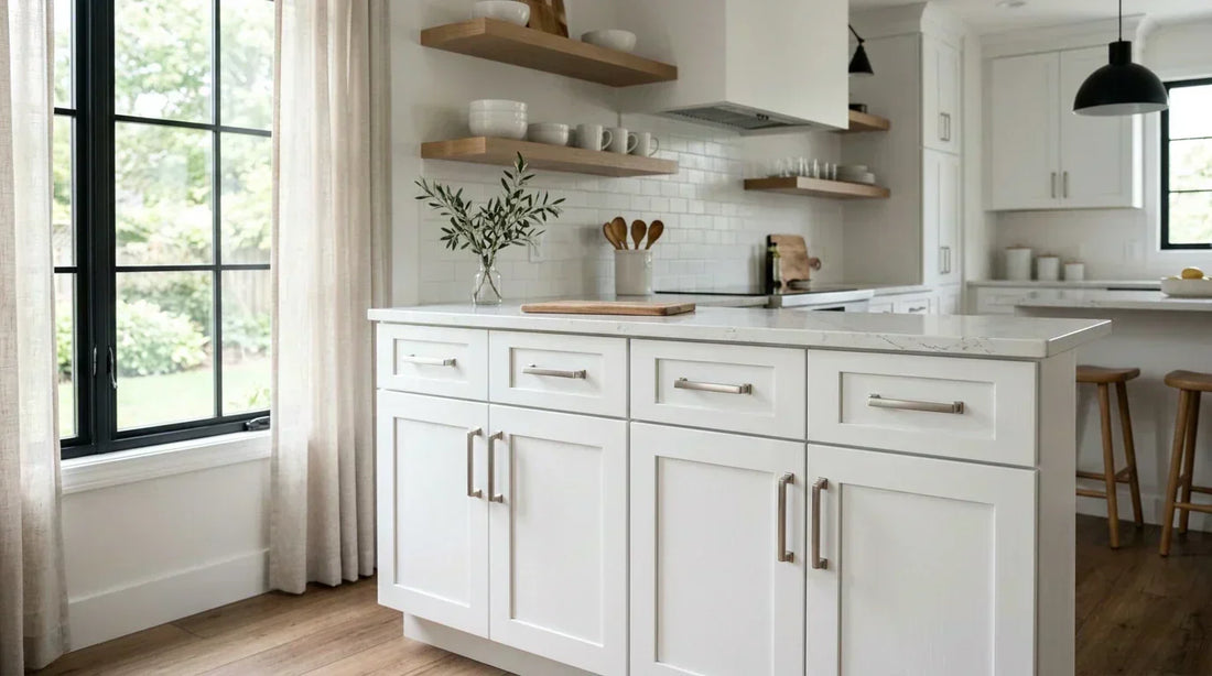 A modern kitchen with stylish cabinet handles on white shaker cabinets, showcasing a simple DIY upgrade.