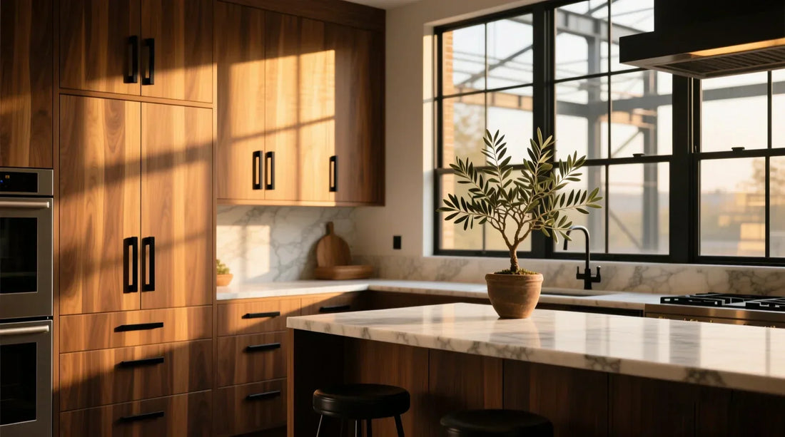 Modern kitchen with rich walnut wood cabinets featuring perfectly aligned matte black pulls, bathed in golden hour sunlight.