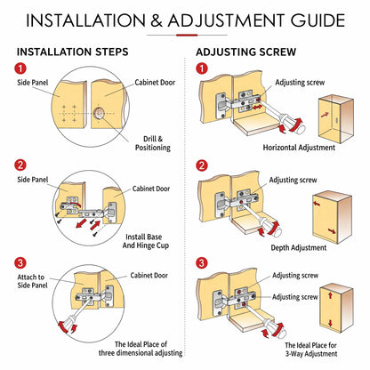 Step-by-step installation and adjustment guide for cabinet hinges, showing drilling positioning, hinge cup installation, and 3-way adjusting for horizontal, depth, and vertical alignment. - VisitHardware