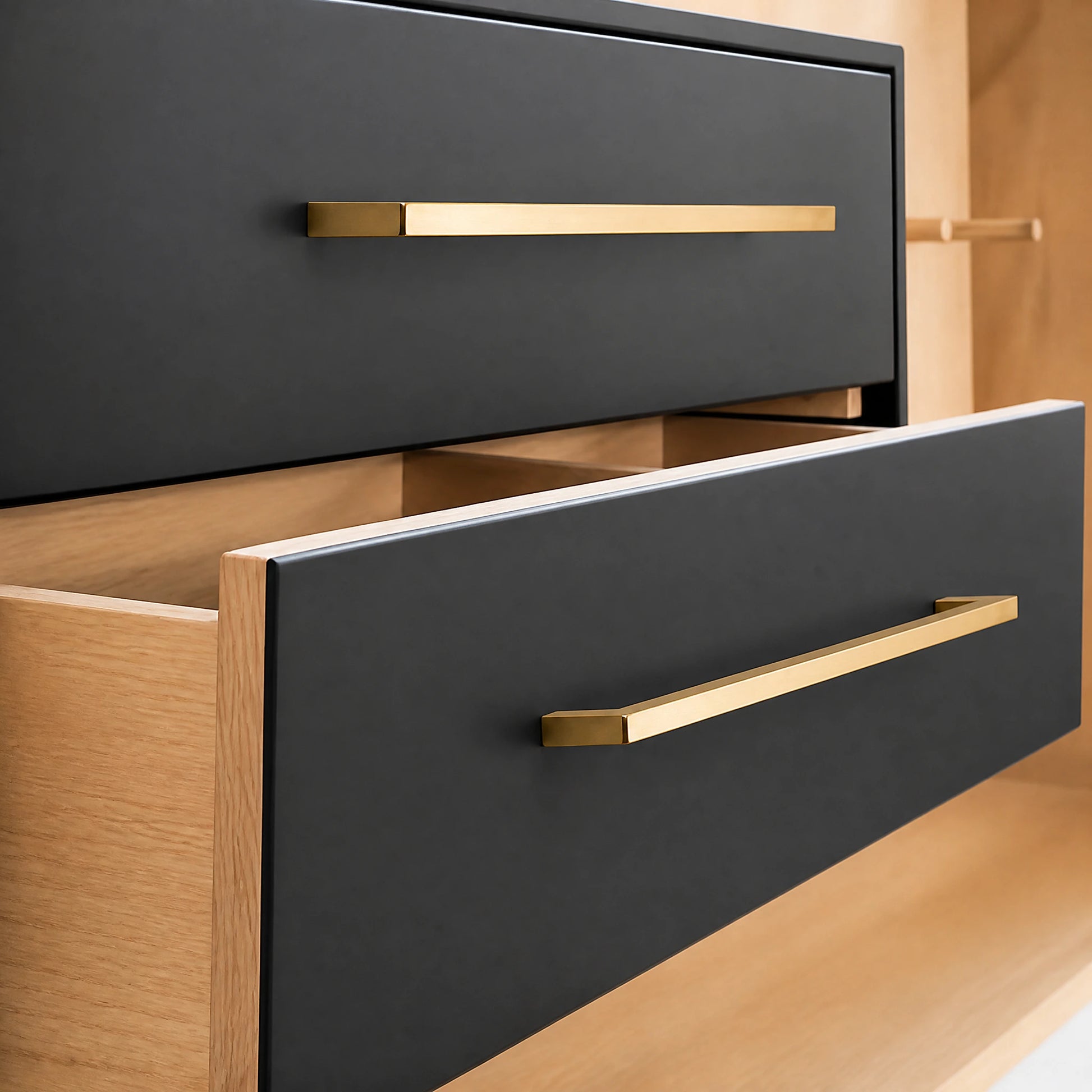Luxury Kitchen Decor featuring Brass Square Bar Pulls on Black Cabinets - VisitHardware