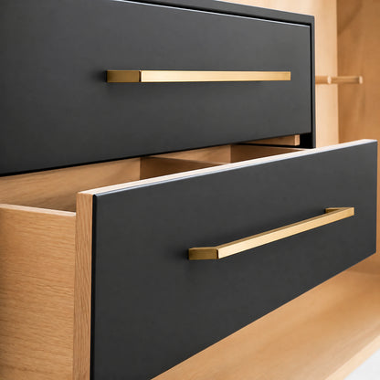Luxury Kitchen Decor featuring Brass Square Bar Pulls on Black Cabinets - VisitHardware