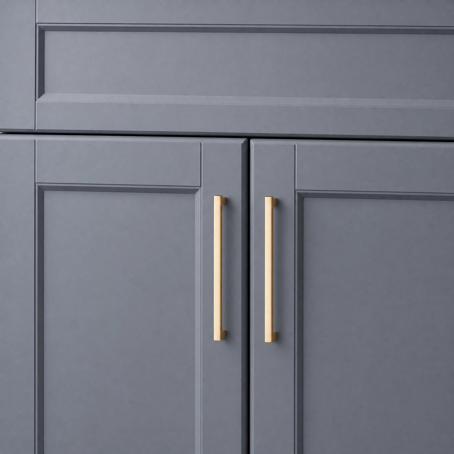 Luxury Kitchen Decor featuring Brass Square Bar Pulls on GrayCabinets - VisitHardware