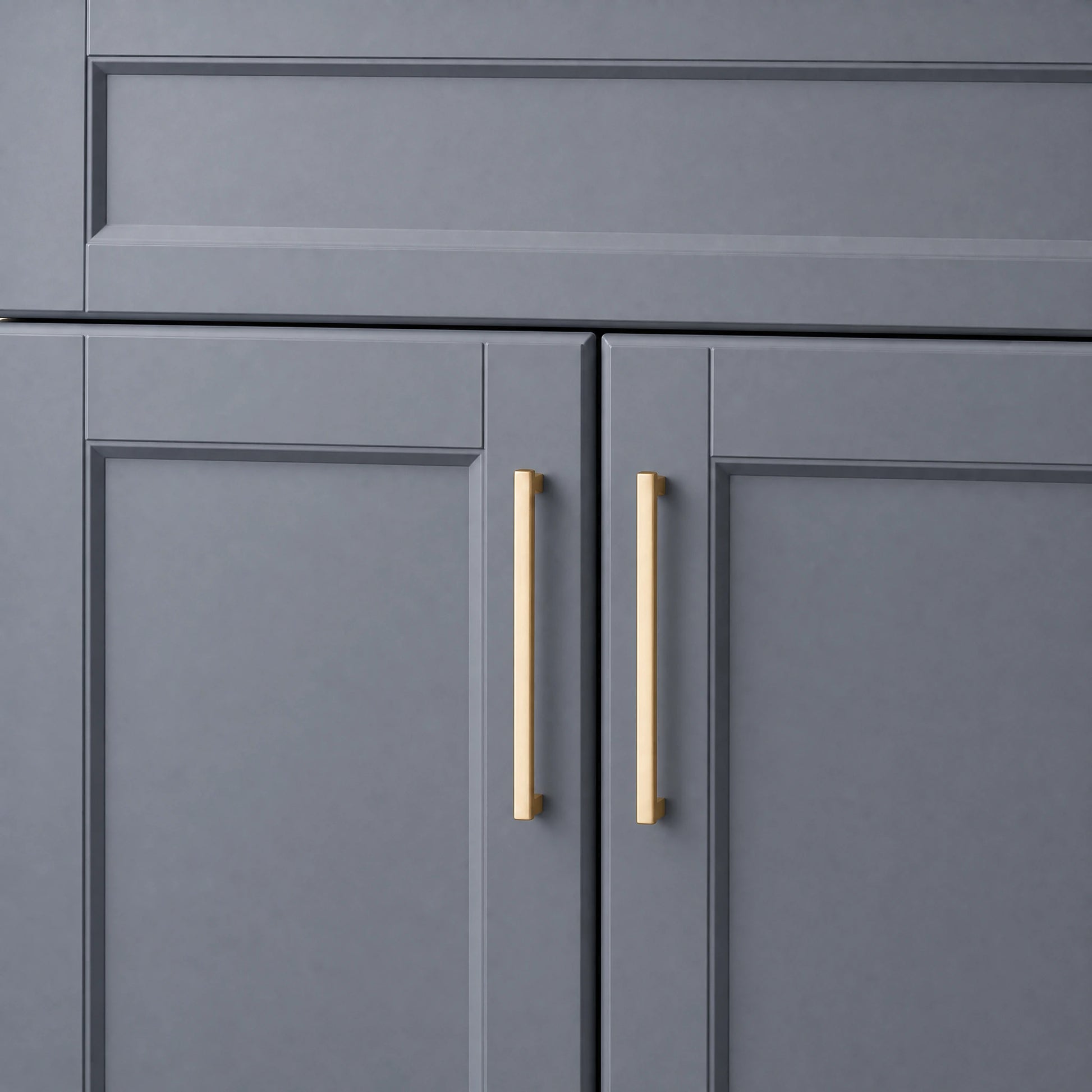 Luxury Kitchen Decor featuring Brass Square Bar Pulls on GrayCabinets - VisitHardware