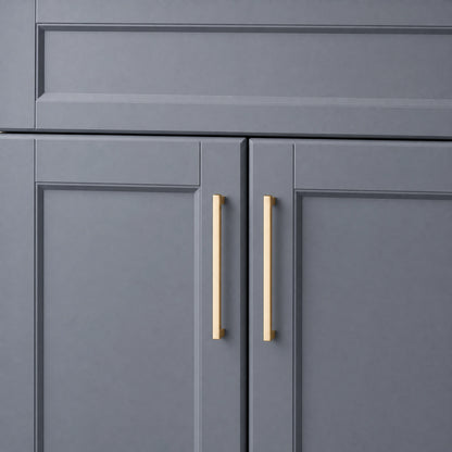 Luxury Kitchen Decor featuring Brass Square Bar Pulls on GrayCabinets - VisitHardware