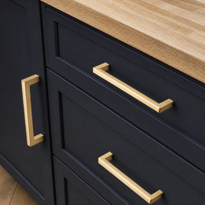 Luxury Kitchen Decor featuring Brass Square Bar Pulls on Black Cabinets - VisitHardware