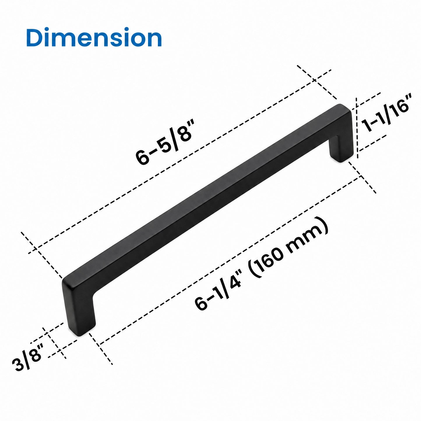 VisitHardware Square Bar Cabinet Pulls – 160mm Matte Black Finish, Zinc Alloy Size