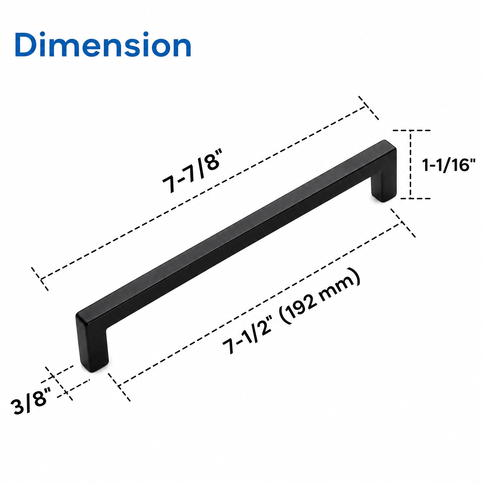 VisitHardware Square Bar Cabinet Pulls – 192mm Matte Black Finish, Zinc Alloy Size