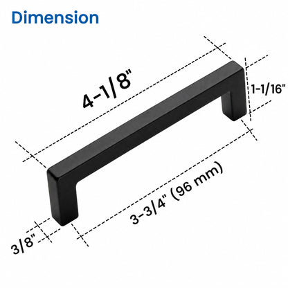 VisitHardware Square Bar Cabinet Pulls – 96mm Matte Black Finish, Zinc Alloy Size