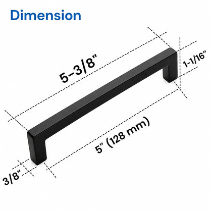 VisitHardware Square Bar Cabinet Pulls – 128mm Matte Black Finish, Zinc Alloy Size
