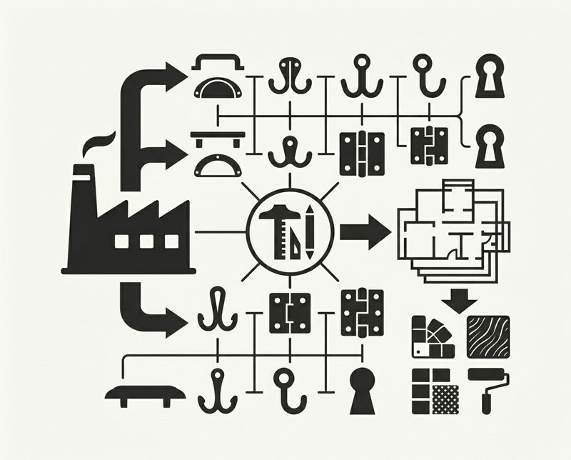 A clean schematic displaying a diverse range of hardware products including cabinet pulls and utility hooks, representing design cohesion and custom options.