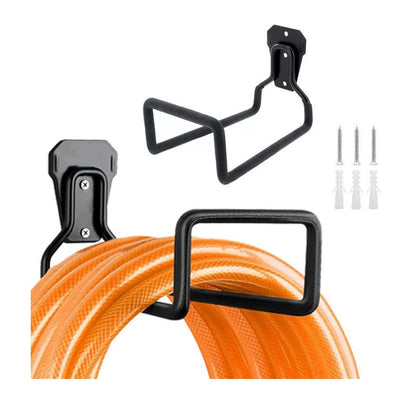 Heavy duty black metal garden hose holder showing mounted with orange hose, uninstalled view, and hardware kit (screws and anchors)