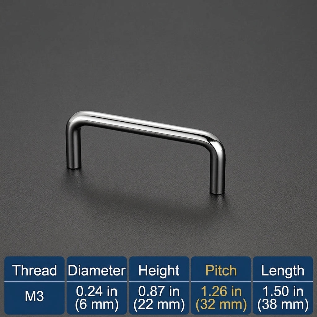 Polished Chrome U-Shape Cabinet Pull，1 1/4" (32mm) - M3 Screw - VisitHardware