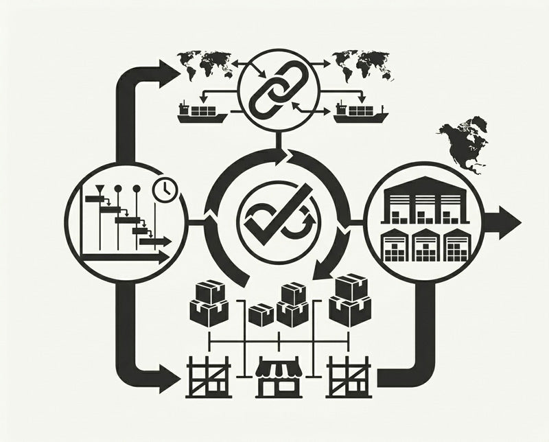 An infographic representing a robust supply chain, large domestic inventory, and efficient logistics for consistent construction schedules.