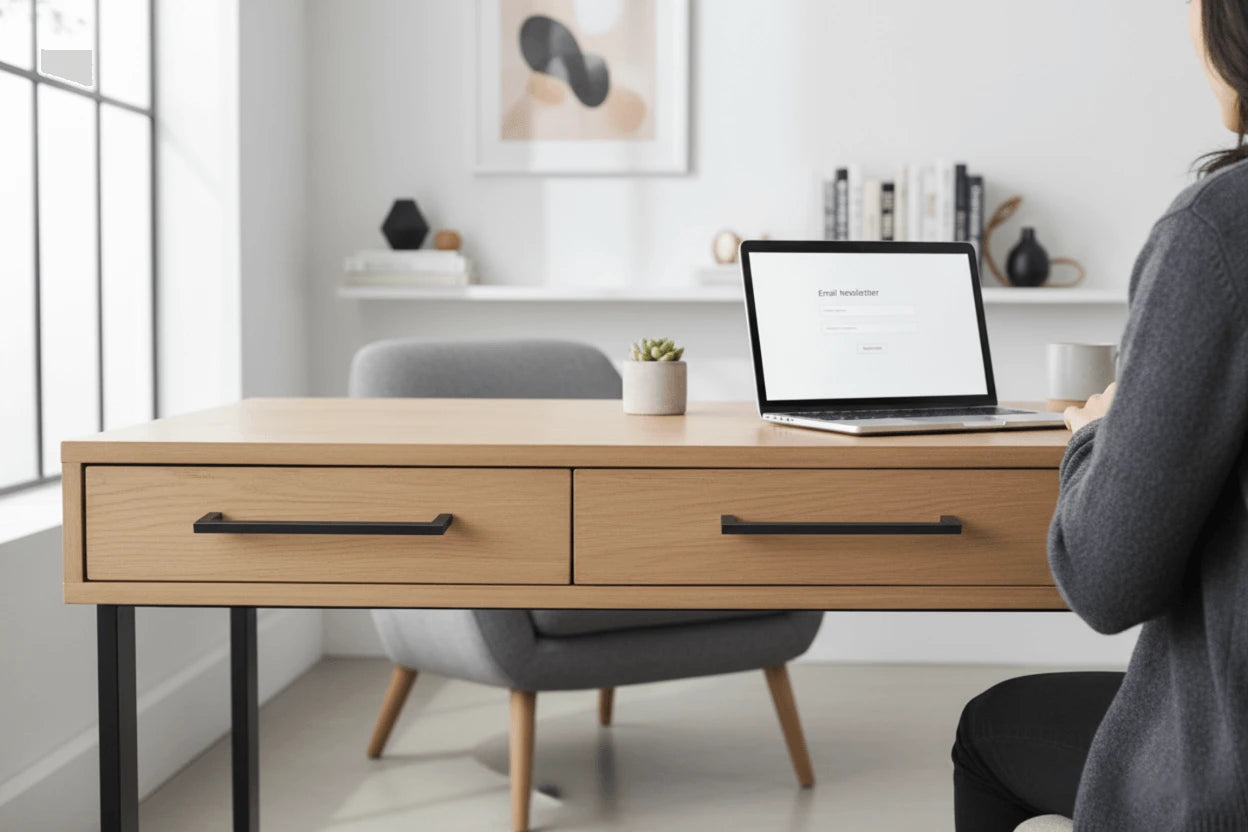 Slim black cabinet handles on wooden office desk drawers