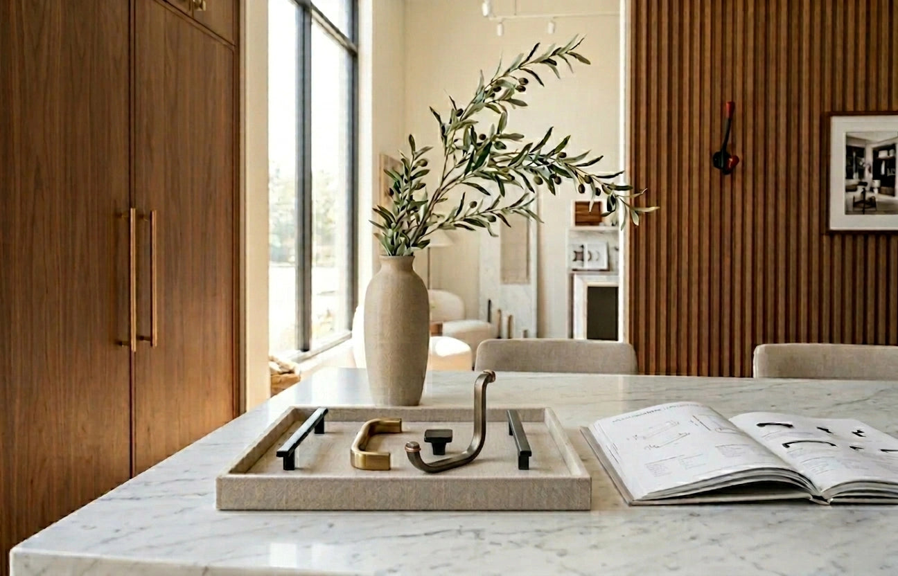 A high-resolution photograph of a minimalist interior showroom. In the foreground, a marble tabletop features a beige linen tray displaying luxury hardware samples: a black T-pull, a brushed brass U-pull, a matte black square knob, and a red-tipped hook. The background shows warm walnut cabinet panels, a fluted wooden feature wall, and a ceramic vase with an olive branch, illuminated by soft natural light from a large window.